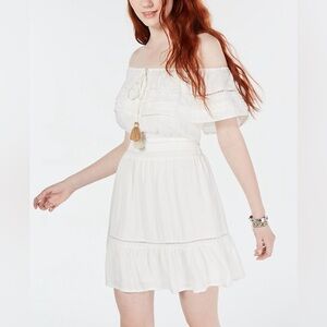 ✨HP✨ American Rag Off the Shoulder Boho Eyelet Tassled Mini Lined White Dress M